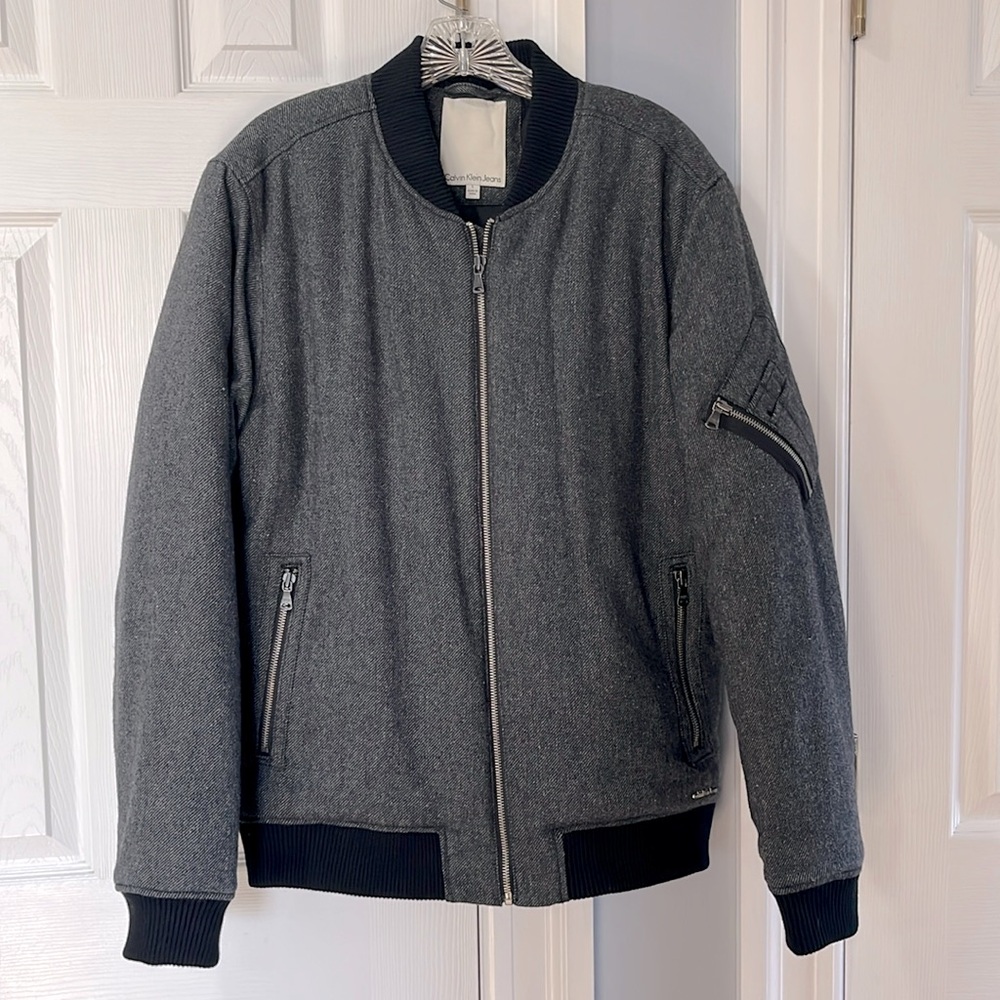 CALVIN KLEIN MENS GRAY TWEED BOMBER JACKET